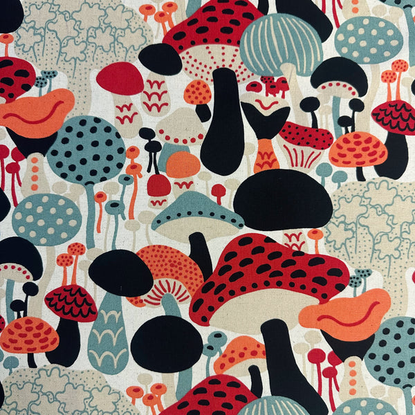 Scandi Mushrooms Cotton Linen Canvas Fabric by Cotton Kobayashi, style UP-9014A, featuring Scandinavian mushrooms, in natural and multi, imported from Japan