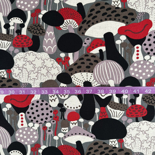 Scale of Scandi Mushrooms Cotton Linen Canvas Fabric by Cotton Kobayashi, style UP-9014C, featuring Scandinavian mushrooms, in gray and multi, imported from Japan