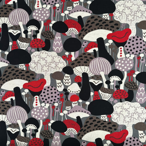 Scandi Mushrooms Cotton Linen Canvas Fabric by Cotton Kobayashi, style UP-9014C, featuring Scandinavian mushrooms, in gray and multi, imported from Japan