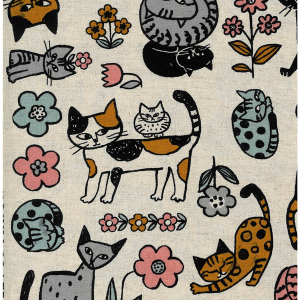 Scandinavian Style Cats Cotton Linen Canvas Fabric by Kokka in multi, medium-weight with charming cat illustrations.