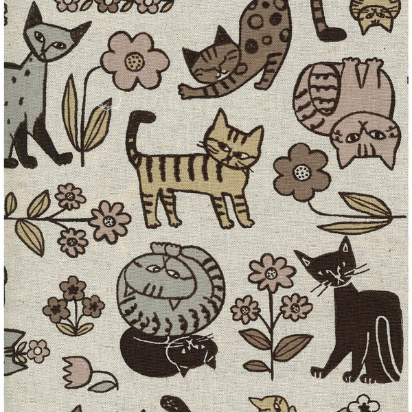 Scandinavian Style Cats Cotton Linen Canvas Fabric by Kokka in neutral multi, medium-weight with charming cat illustrations.