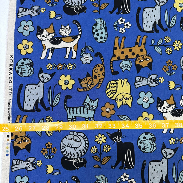 Scale of Scandinavian Style Cats Cotton Linen Canvas Fabric by Kokka, medium-weight with charming cat illustrations.