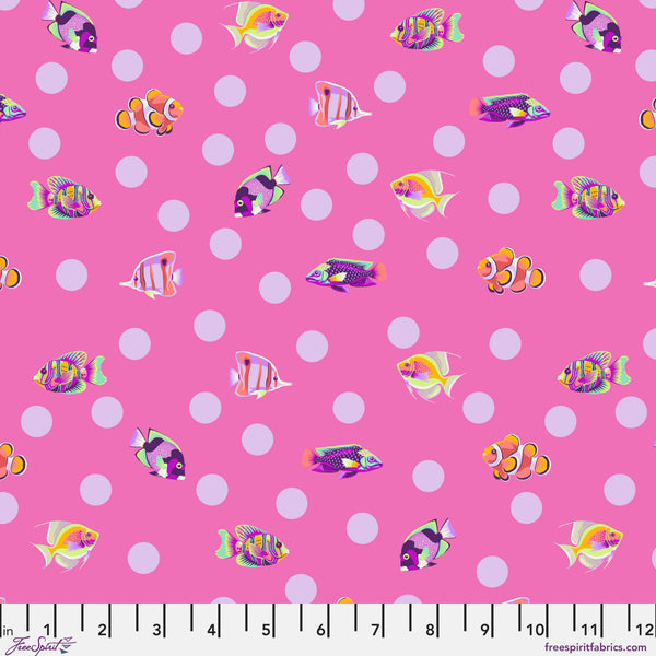 Scale of School Crossing in Delphine from the Floral Reef collection by Tula Pink – colorful fish motif intermingled with polka dots