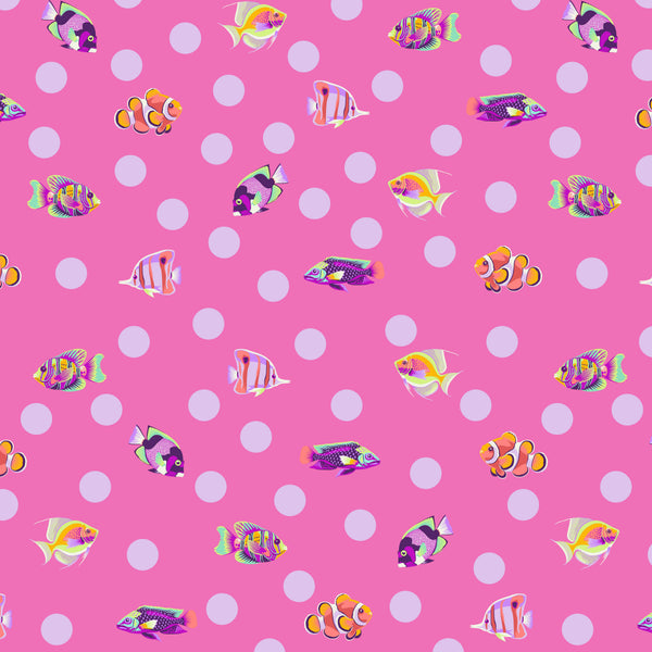 School Crossing in Delphine from the Floral Reef collection by Tula Pink – colorful fish motif intermingled with polka dots