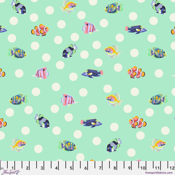 Scale of School Crossing in Seafoam from the Floral Reef collection by Tula Pink – colorful fish motif intermingled with polka dots