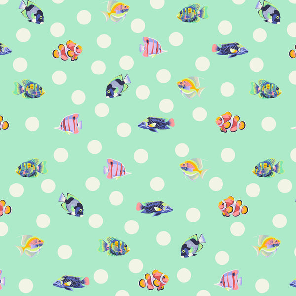 School Crossing in Seafoam from the Floral Reef collection by Tula Pink – colorful fish motif intermingled with polka dots