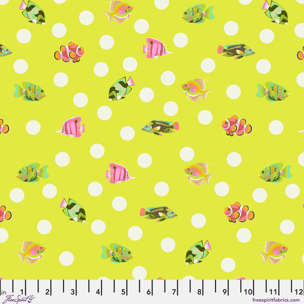 Scale of School Crossing in Seagrass from the Floral Reef collection by Tula Pink – colorful fish motif intermingled with polka dots