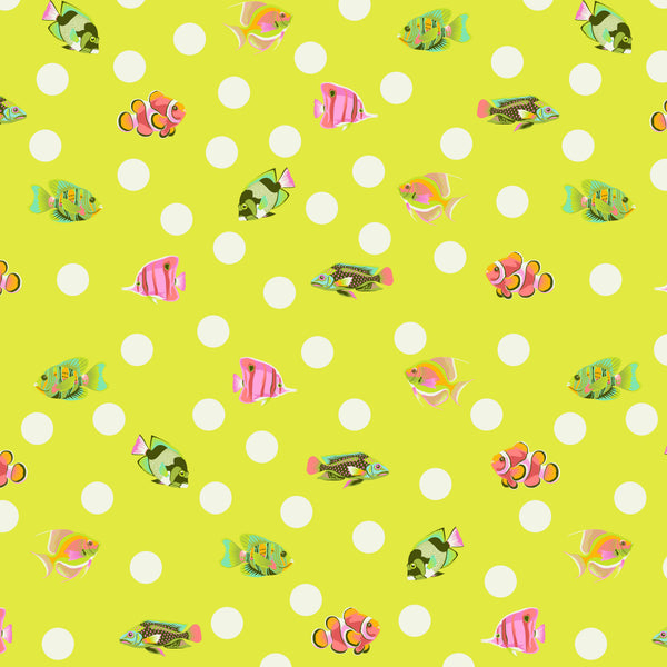 School Crossing in Seagrass from the Floral Reef collection by Tula Pink – colorful fish motif intermingled with polka dots