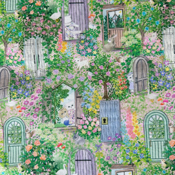 Secret Garden Cotton Linen Fabric by Yukiemon for Hokkoh featuring whimsical cats, rabbits, and birds peeking from windows and doorways.
