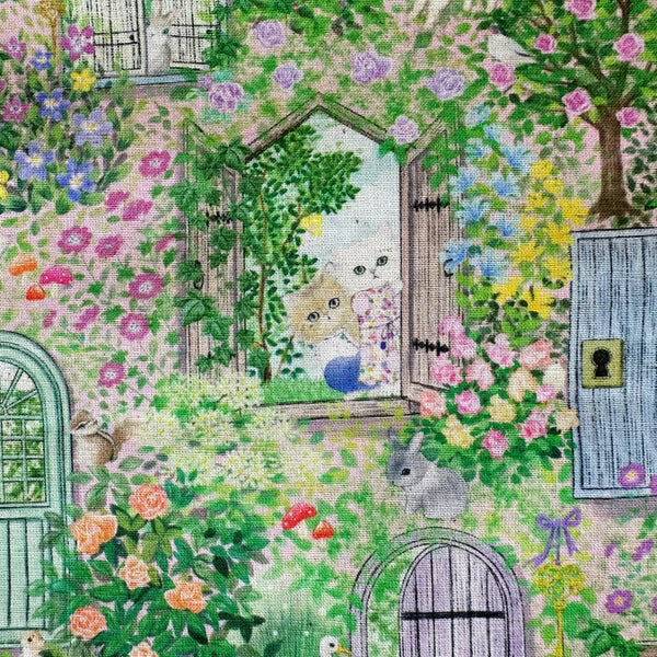 Cats in Secret Garden Cotton Linen Fabric by Yukiemon for Hokkoh featuring whimsical cats, rabbits, and birds peeking from windows and doorways.