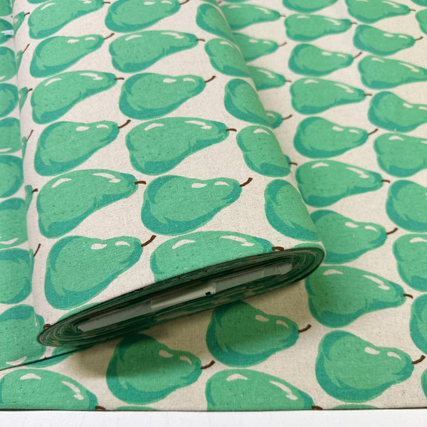 Bolt of Aqua Pears on Natural cotton linen canvas fabric by Sevenberry, Japanese import with pear print on natural background