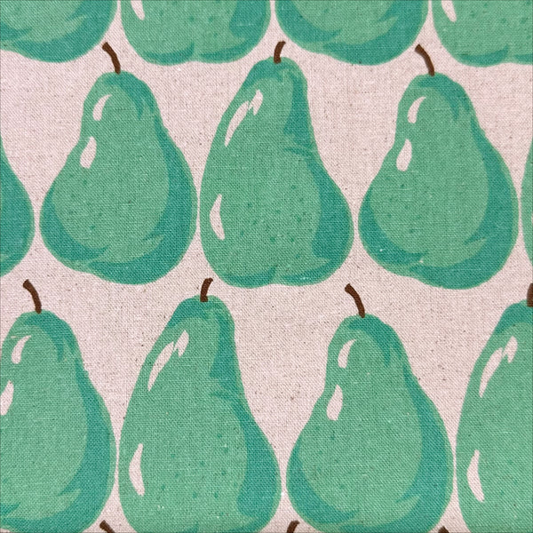Close up of Aqua Pears on Natural cotton linen canvas fabric by Sevenberry, Japanese import with pear print on natural background