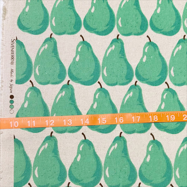 Scale of Aqua Pears on Natural cotton linen canvas fabric by Sevenberry, Japanese import with pear print on natural background