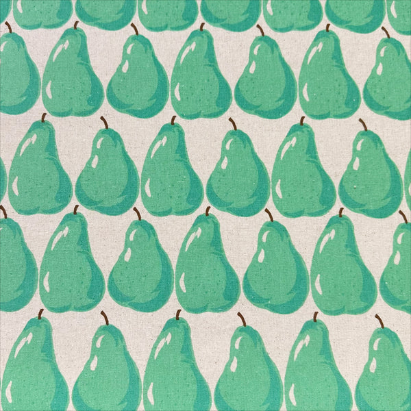 Aqua Pears on Natural cotton linen canvas fabric by Sevenberry, Japanese import with pear print on natural background