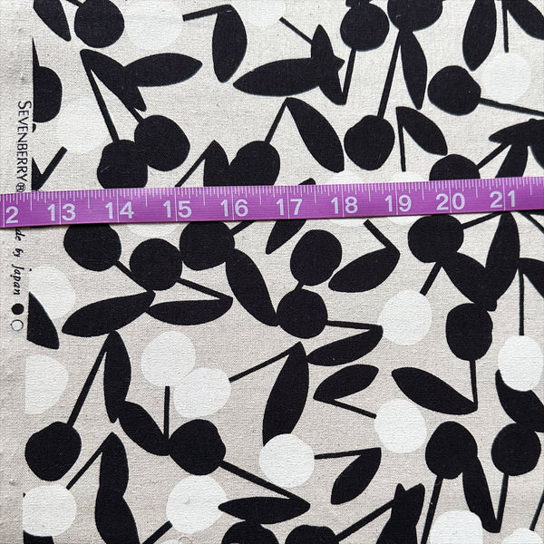 Scale of Black and White Cherry Pom Pom cotton linen canvas fabric by Sevenberry, Japanese import with cherry and pom pom print