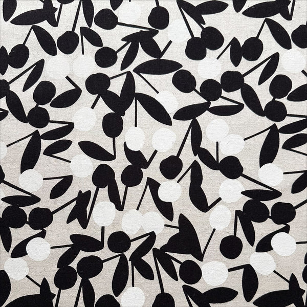 Black and White Cherry Pom Pom cotton linen canvas fabric by Sevenberry, Japanese import with cherry and pom pom print
