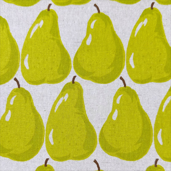 Close up of Green Pears on Natural cotton linen canvas fabric by Sevenberry, Japanese import with pear print on natural background