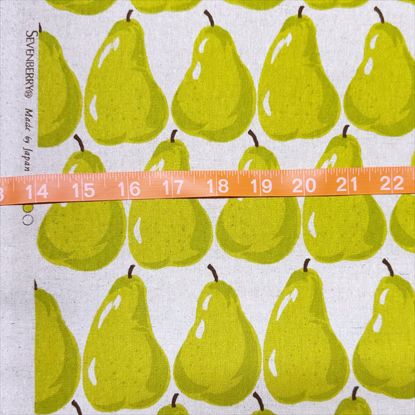 Scale of Green Pears on Natural cotton linen canvas fabric by Sevenberry, Japanese import with pear print on natural background