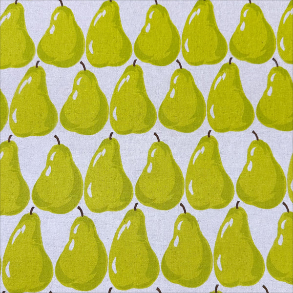 Green Pears on Natural cotton linen canvas fabric by Sevenberry, Japanese import with pear print on natural background