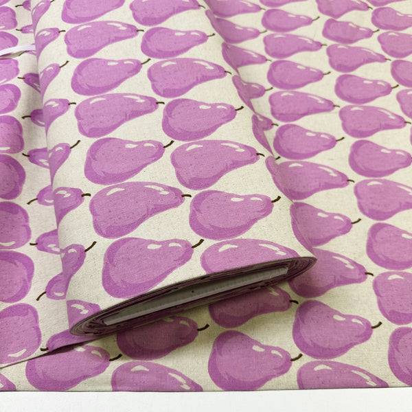 Bolt of Purple Pears on Natural cotton linen canvas fabric by Sevenberry, Japanese import with pear print on purple and natural background