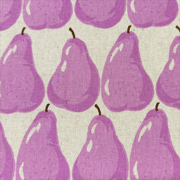 Close up of Purple Pears on Natural cotton linen canvas fabric by Sevenberry, Japanese import with pear print on purple and natural background