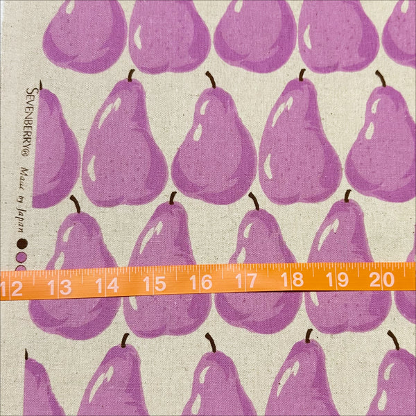 Scale of Purple Pears on Natural cotton linen canvas fabric by Sevenberry, Japanese import with pear print on purple and natural background