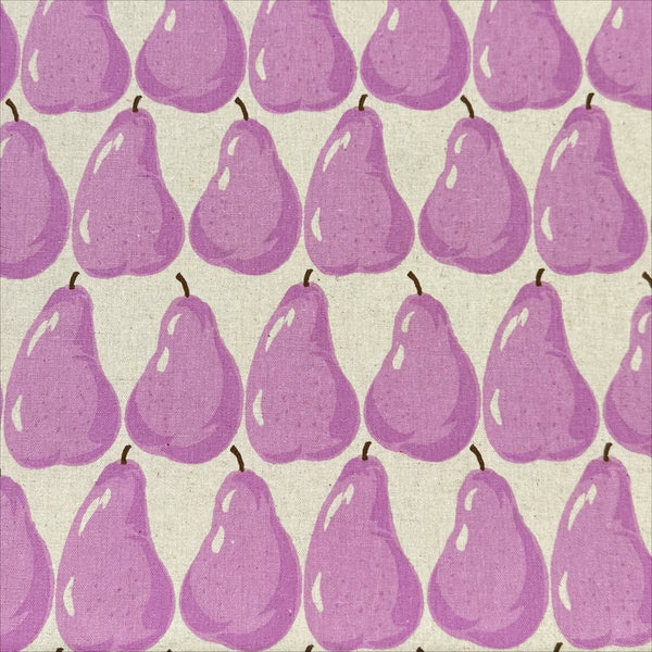Purple Pears on Natural cotton linen canvas fabric by Sevenberry, Japanese import with pear print on purple and natural background