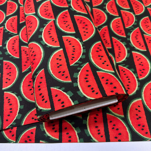 Bolt of Red Watermelons on Black cotton linen canvas fabric by Sevenberry, Japanese import with watermelon print on black background