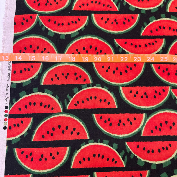 Scale of Red Watermelons on Black cotton linen canvas fabric by Sevenberry, Japanese import with watermelon print on black background