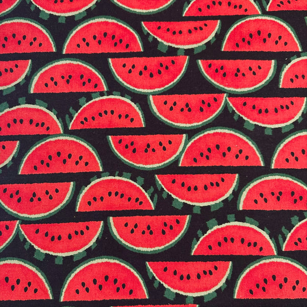 Red Watermelons on Black cotton linen canvas fabric by Sevenberry, Japanese import with watermelon print on black background