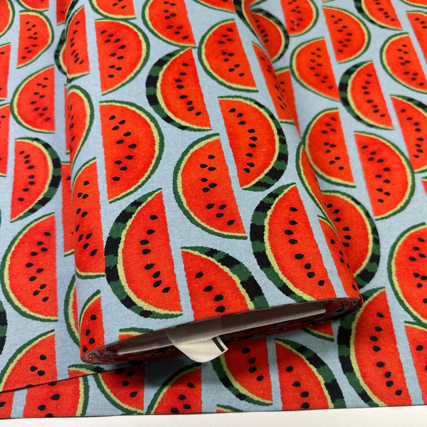 Bolt of Red Watermelons on Gray cotton linen canvas fabric by Sevenberry, Japanese import with watermelon print on gray background