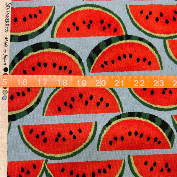 Scale of Red Watermelons on Gray cotton linen canvas fabric by Sevenberry, Japanese import with watermelon print on gray background
