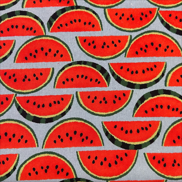 Red Watermelons on Gray cotton linen canvas fabric by Sevenberry, Japanese import with watermelon print on gray background