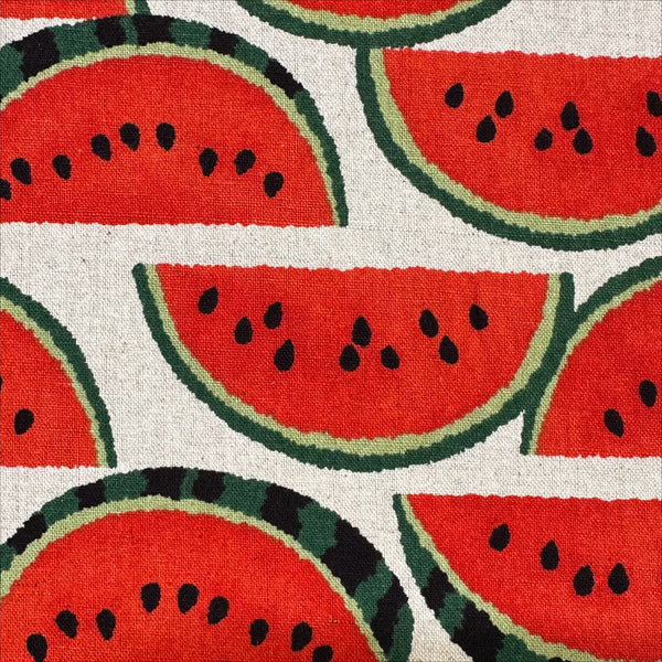 Close up of Red Watermelons on Natural cotton linen canvas fabric by Sevenberry, Japanese import with watermelon print on natural background