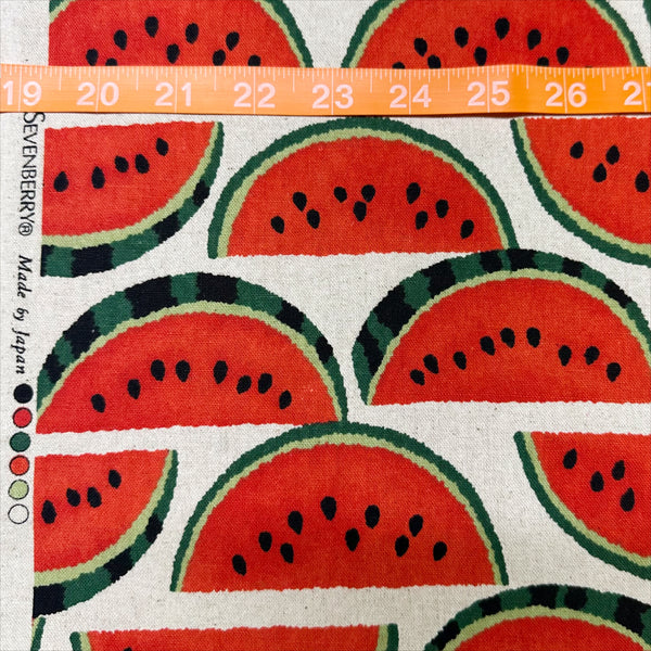 Scale of Red Watermelons on Natural cotton linen canvas fabric by Sevenberry, Japanese import with watermelon print on natural background