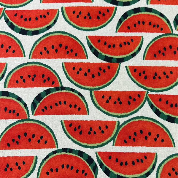 Red Watermelons on Natural cotton linen canvas fabric by Sevenberry, Japanese import with watermelon print on natural background