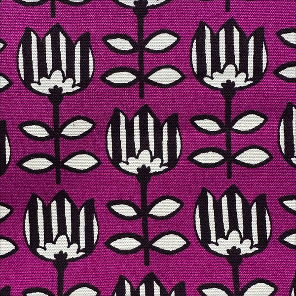 Close up of Striped Tulips in Bright Plum cotton oxford fabric by Sevenberry, Japanese import with striped tulip print on plum background