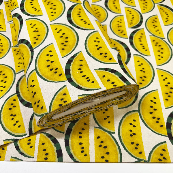 Bolt of Yellow Watermelons on Natural cotton linen canvas fabric by Sevenberry, Japanese import with watermelon print on natural background