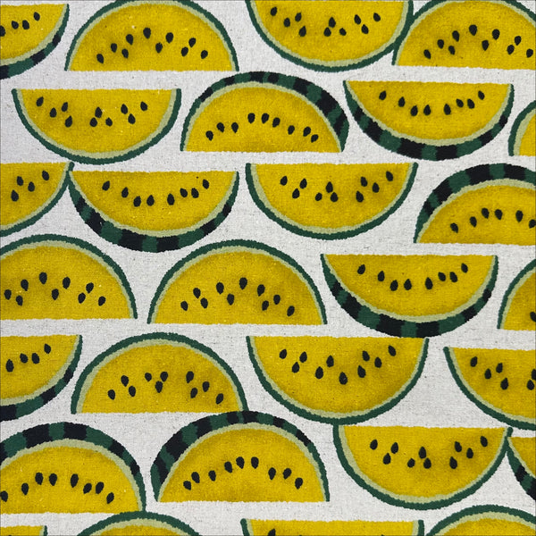 Yellow Watermelons on Natural cotton linen canvas fabric by Sevenberry, Japanese import with watermelon print on natural background
