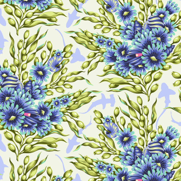 Scale of Shadow Sharks in Marine from the Floral Reef collection by Tula Pink – subtle shark silhouettes integrated into a floral reef design