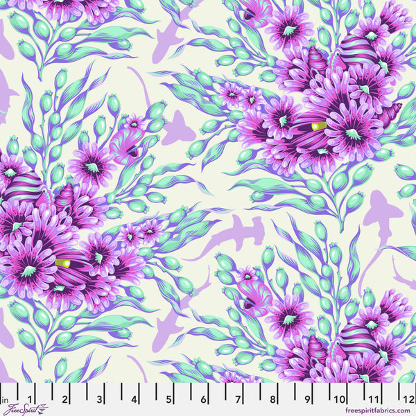 Scale of Shadow Sharks in Ultraviolet from the Floral Reef collection by Tula Pink – subtle shark silhouettes integrated into a floral reef design