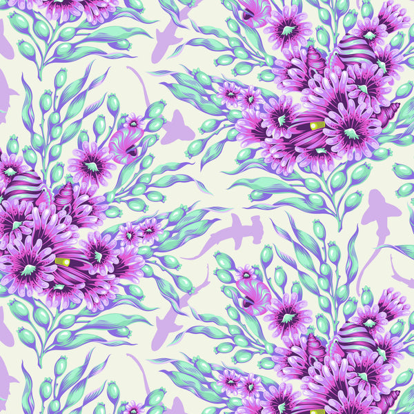 Shadow Sharks in Ultraviolet from the Floral Reef collection by Tula Pink – subtle shark silhouettes integrated into a floral reef design