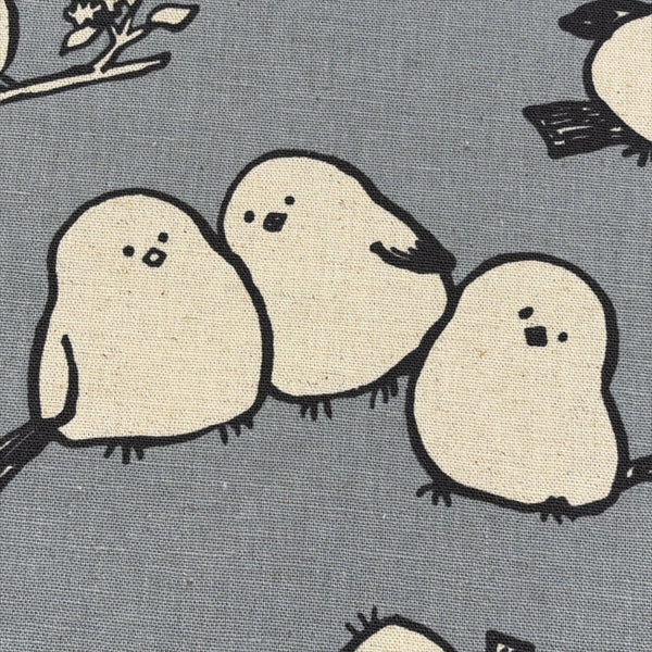 Close up of Simply Animal Birds cotton linen canvas fabric by Kokka in gray, YKA-29070 1D