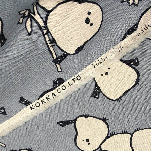 Selvage of Simply Animal Birds cotton linen canvas fabric by Kokka in gray, YKA-29070 1D