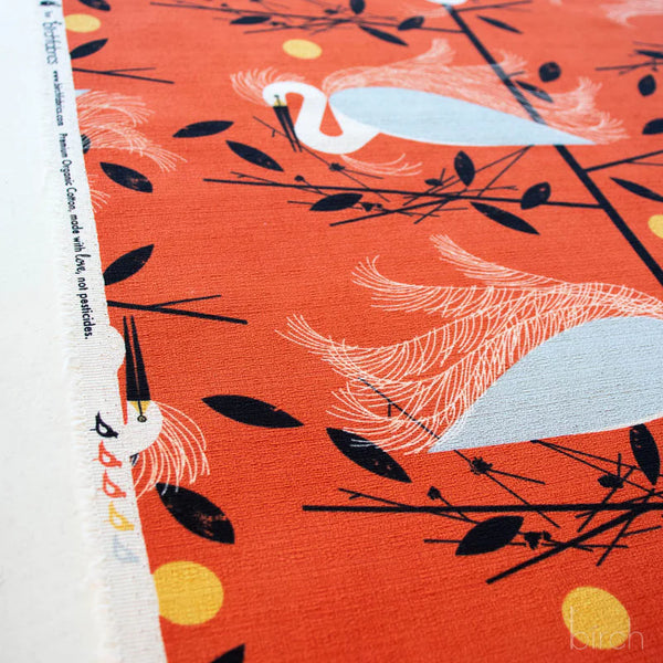 Selvage of Snowy Egret cotton barkcloth fabric by Charley Harper for Birch Fabrics