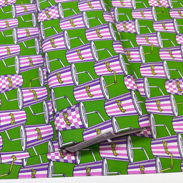 Bolt of Soda Drink cotton broadcloth fabric in green by Sevenberry, Japanese import featuring a retro pop art soda cup print