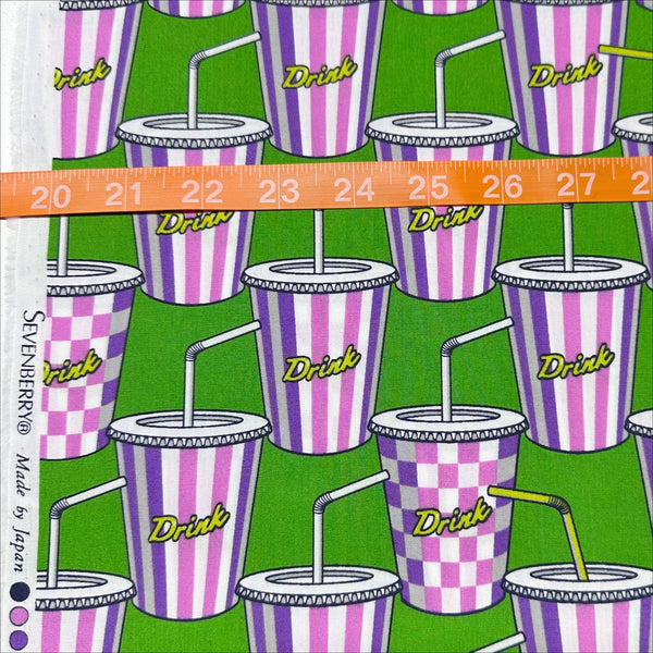 Scale of Soda Drink cotton broadcloth fabric in green by Sevenberry, Japanese import featuring a retro pop art soda cup print
