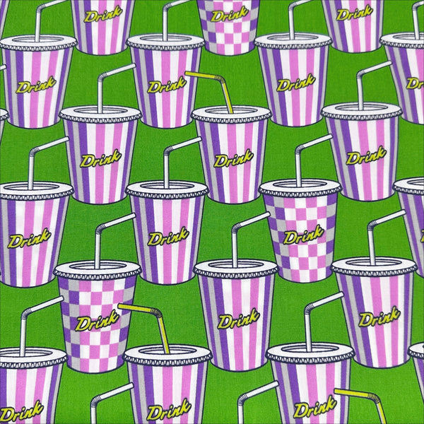 Soda Drink cotton broadcloth fabric in green by Sevenberry, Japanese import featuring a retro pop art soda cup print