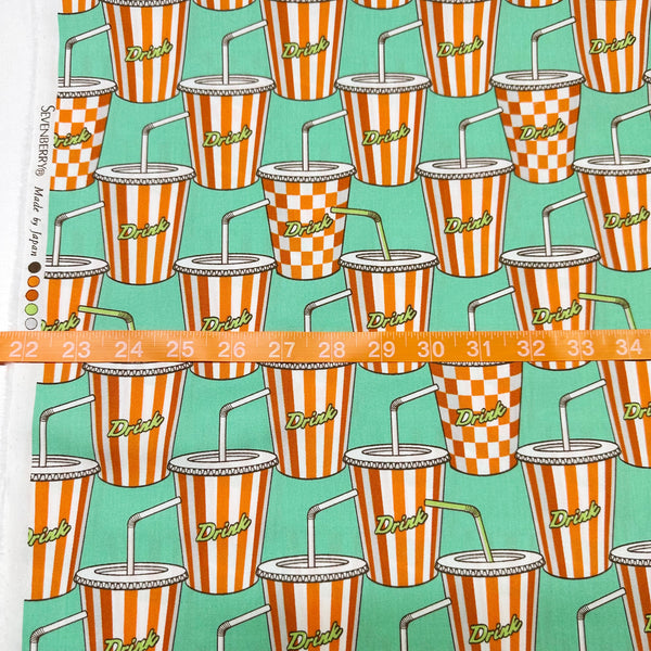 Scale of Soda Drink cotton broadcloth fabric in mint by Sevenberry, Japanese import featuring a retro pop art soda cup print