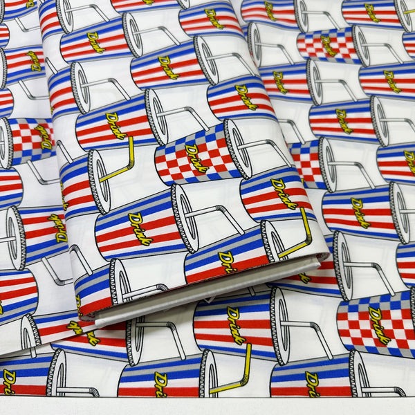 Bolt of Soda Drink cotton broadcloth fabric in white by Sevenberry, Japanese import featuring retro soda cup print